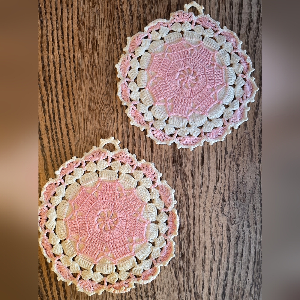 Vintage Handmade Pink and Cream Crochet Doilies - Set of 2